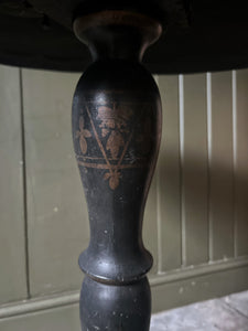 Black Victorian tilt top papier mache table with floral top and mother of pearl inlay