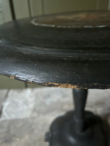 Black Victorian tilt top papier mache table with floral top and mother of pearl inlay