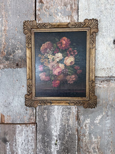 British antique small floral still life oil painting on board in gilt frame