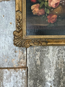 British antique small floral still life oil painting on board in gilt frame