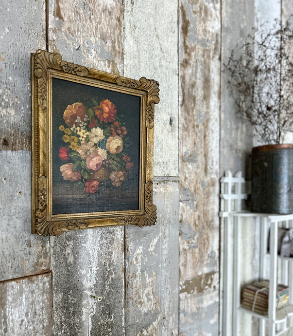 British antique small floral still life oil painting on board in gilt frame