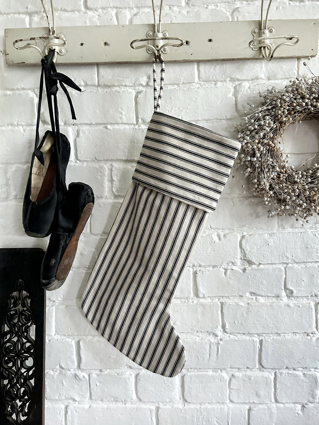 Christmas stocking black & white ticking stripe fabric