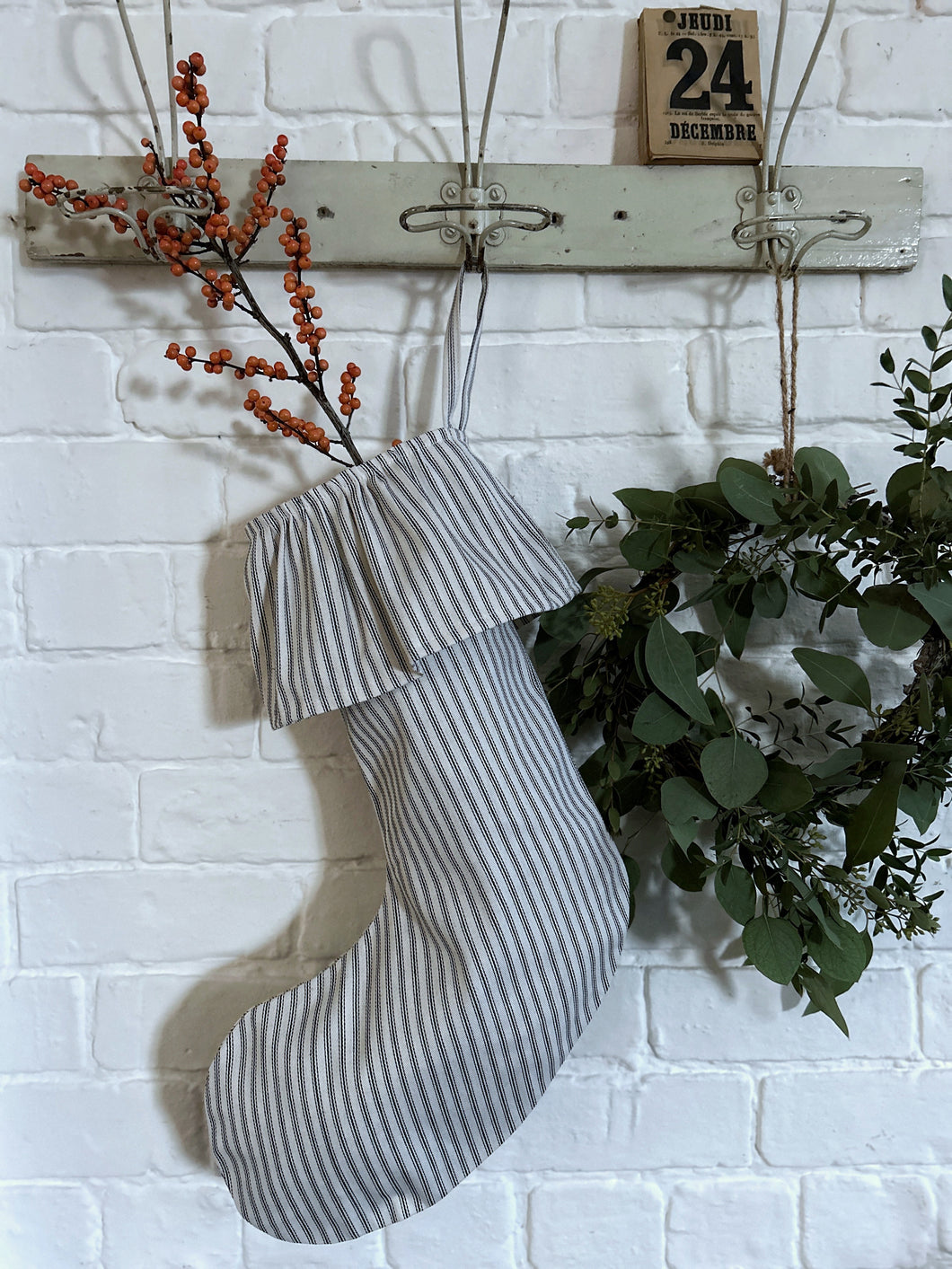 Christmas stocking black and white ticking stripe cotton ruffle frilled top