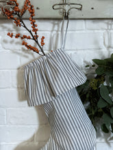 Load image into Gallery viewer, Christmas stocking black and white ticking stripe cotton ruffle frilled top