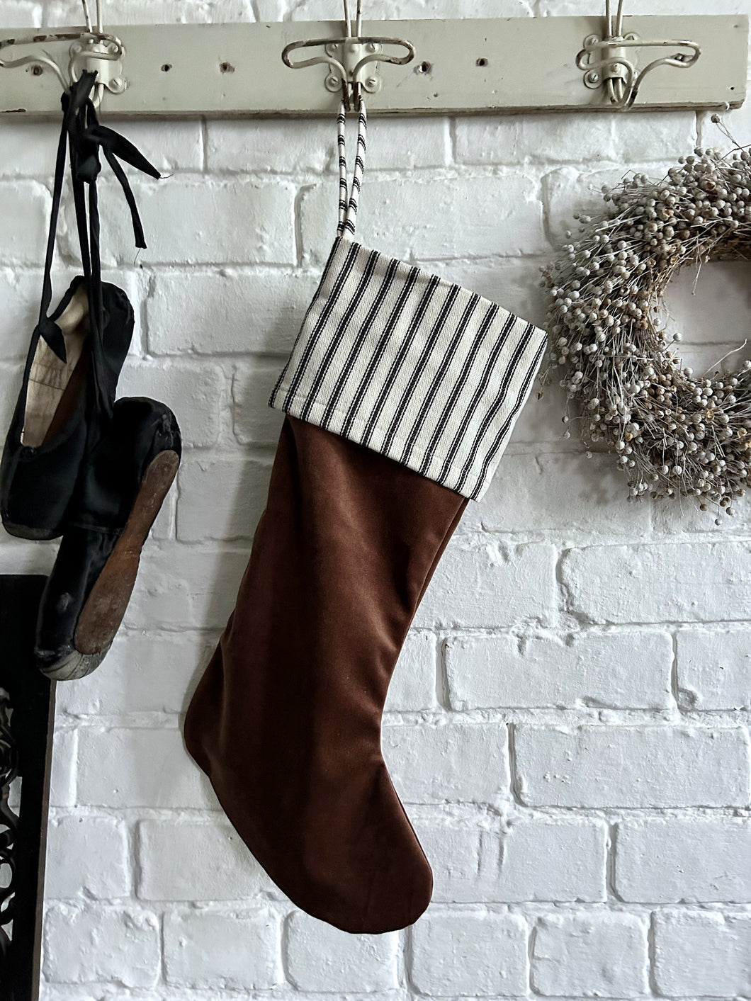 Christmas stocking brown velvet fabric with black & white ticking stripe top