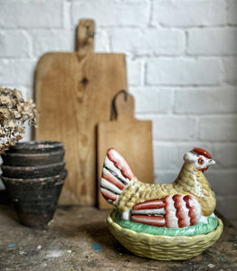 Colourful antique early 1900's staffordshire hen on nest tureen