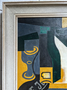 Cubist vintage Mid century oil painting on board in the style of Spanish artist Juan Gris