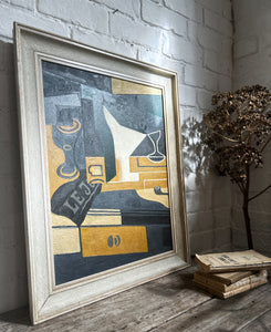 Cubist vintage Mid century oil painting on board in the style of Spanish artist Juan Gris