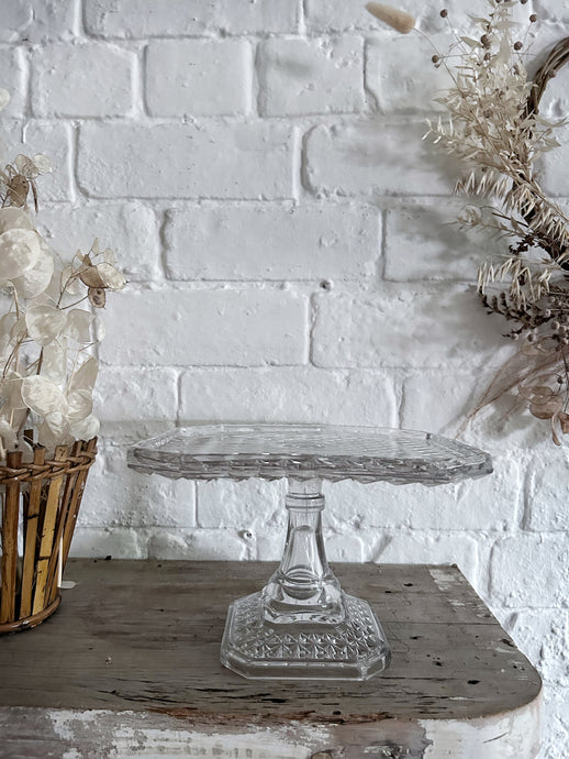 Vintage pressed glass, diamond cut, hobnail design, 1930's cake stand