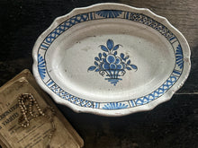 Load image into Gallery viewer, Early 18th Century antique French Rouen Faience pottery platter with historic staple repair