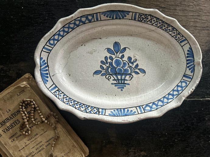 Early 18th Century antique French Rouen Faience pottery platter with historic staple repair