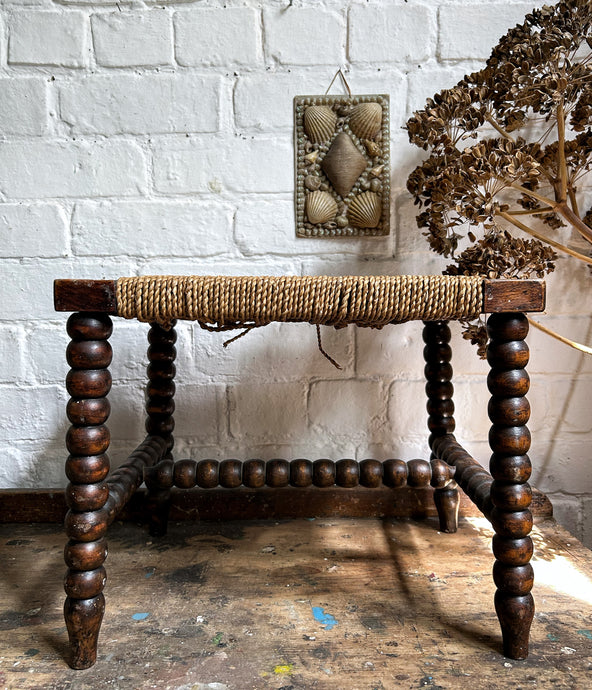 Early 20th Century English oak bobbin leg rush seat stool