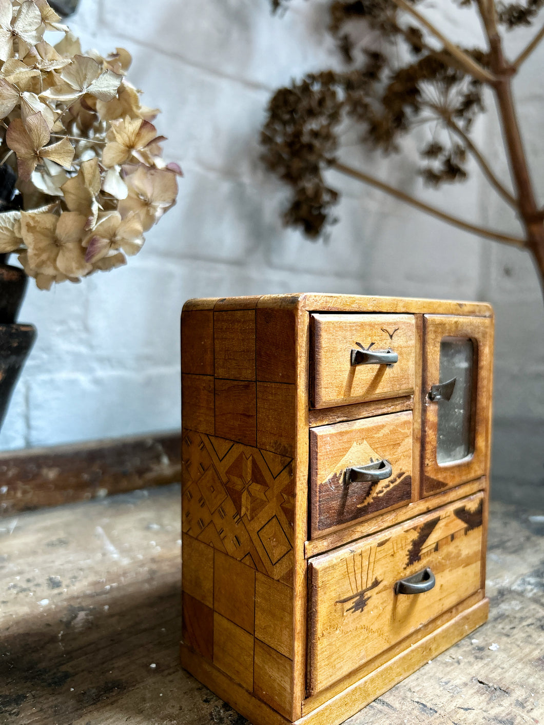 Early 20th Century antique decorative marquetry wooden Japanese apprentice piece minature drawers