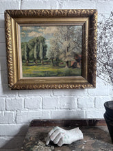 Load image into Gallery viewer, Early 20th Century antique oil painting landscape farm scene on board in original gilt frame