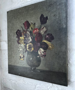 Early 20th Century antique still life oil painting on canvas flowers floral signed E Stoney