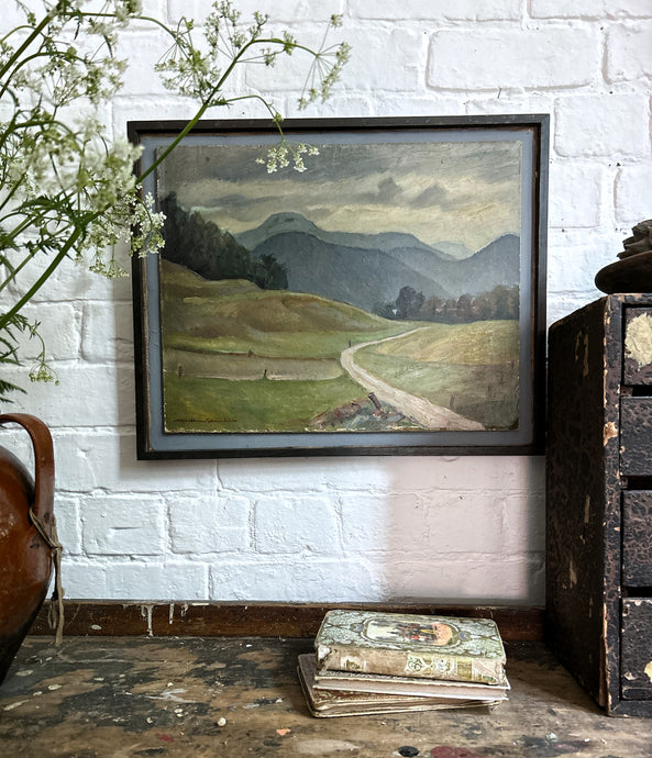 Early 20th Century 1920's modernist landscape oil painting on board mounted onto canvas