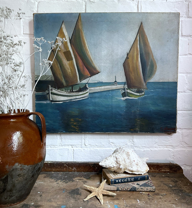 Early 20th century Modernist nautical seascape oil painting on canvas