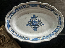 Load image into Gallery viewer, Early 18th Century antique French Rouen Faience pottery platter with historic staple repair