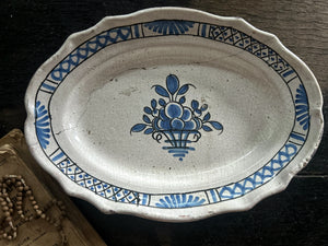 Early 18th Century antique French Rouen Faience pottery platter with historic staple repair
