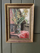 Load image into Gallery viewer, Early 20th Century Bloomsbury style still life Iris's in decorative jug oil painting 