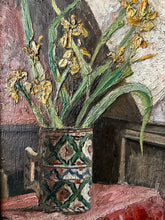 Load image into Gallery viewer, Early 20th Century Bloomsbury style still life Iris's in decorative jug oil painting 