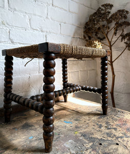 Early 20th Century English oak bobbin leg rush seat stool