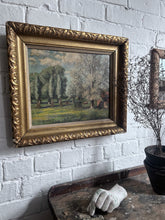 Load image into Gallery viewer, Early 20th Century antique oil painting landscape farm scene on board in original gilt frame