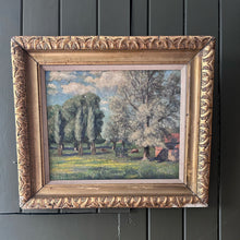Load image into Gallery viewer, Early 20th Century antique oil painting landscape farm scene on board in original art deco frame