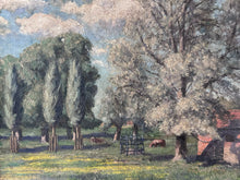 Load image into Gallery viewer, Early 20th Century antique oil painting landscape farm scene on board in original art deco frame