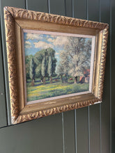 Load image into Gallery viewer, Early 20th Century antique oil painting landscape farm scene on board in original art deco frame