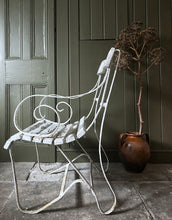 Load image into Gallery viewer, Antique Edwardian slatted wood &amp; wrought iron painted garden chair