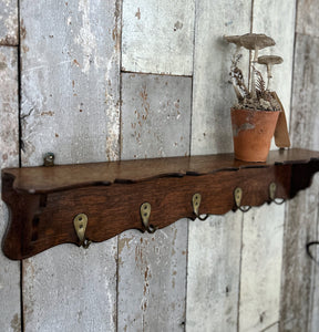Edwardian antique carved dark wood coat rack with shelf