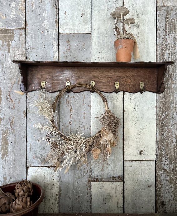 Edwardian antique carved dark wood coat rack with shelf
