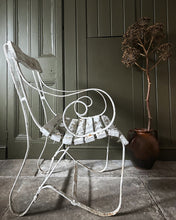Load image into Gallery viewer, Antique Edwardian slatted wood &amp; wrought iron painted garden chair