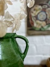 Load image into Gallery viewer, Emerald green painted glazed olive oil pot with handles