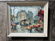 Load image into Gallery viewer, Mid 20th Century Impressionistic Paris Flower market Street Scene Oil painting on canvas