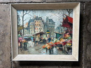 Mid 20th Century Impressionistic Paris Flower market Street Scene Oil painting on canvas