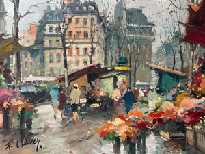 Mid 20th Century Impressionistic Paris Flower market Street Scene Oil painting on canvas