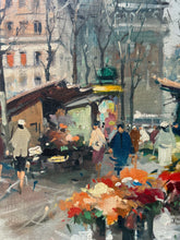 Load image into Gallery viewer, Mid 20th Century Impressionistic Paris Flower market Street Scene Oil painting on canvas