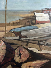 Load image into Gallery viewer, Vintage Frank Stewart Whitstable beach British 20th century Modernist oil painting on board seascape boats