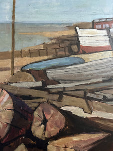 Vintage Frank Stewart Whitstable beach British 20th century Modernist oil painting on board seascape boats