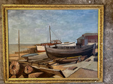 Load image into Gallery viewer, Frank Stewart Whitstable beach British 20th century Modernist oil painting on board seascape boats