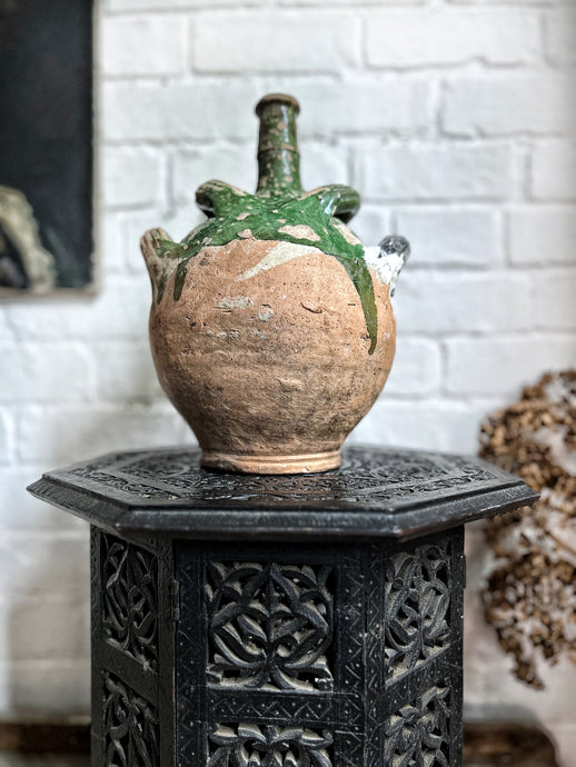 French 19th Century antique Provence green glazed gargoulette water jug