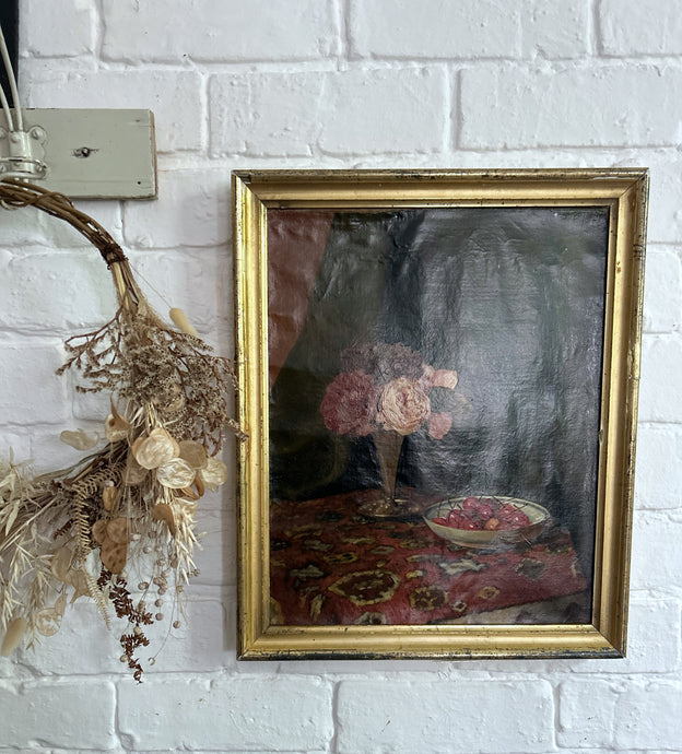 French Antique 1920's framed  still life oil painting on canvas flowers and cherries
