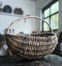 Load image into Gallery viewer, Antique French woven willow market foraging basket with steamed wooden handle