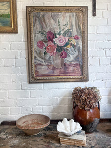 French Early 20th century 1920's floral still life large oil painting in decorative gilt frame
