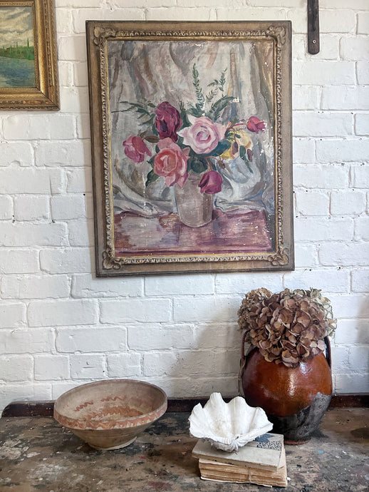 French Early 20th century 1920's floral still life large oil painting in decorative gilt frame