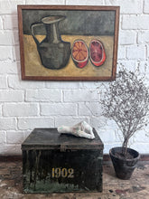 Load image into Gallery viewer, French Mid Century abstract still life oil painting on board of oranges with jug.