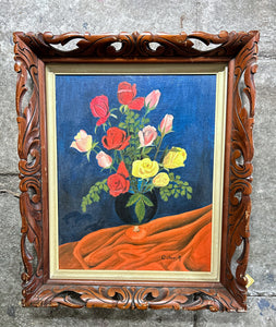 French Mid Century vintage bold still life floral oil painting in decorative carved wooden frame