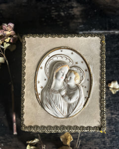 French Vintage Religious keepsake box with porcelain Madoona & child lid